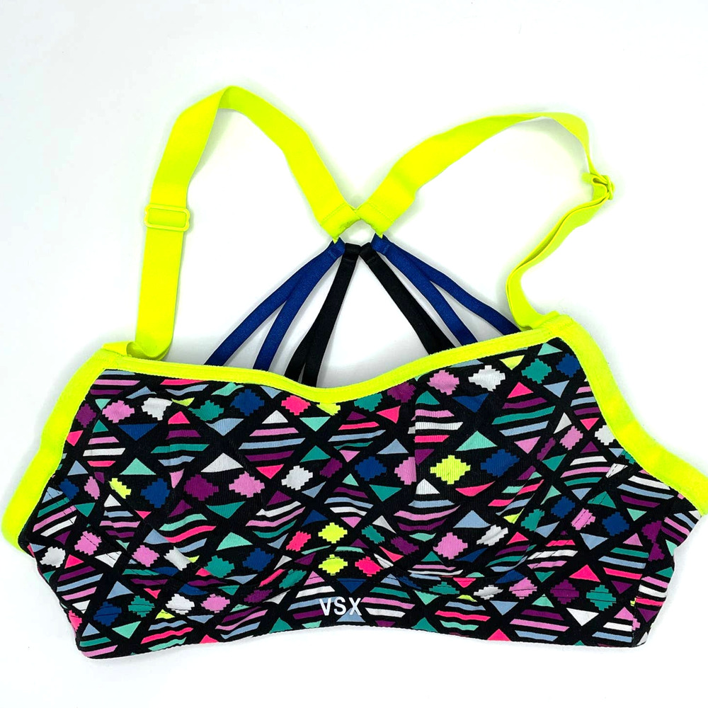 Victoria Secret Sports Bra 32B VSX Sports Black Yellow Strappy Activewear Ladies